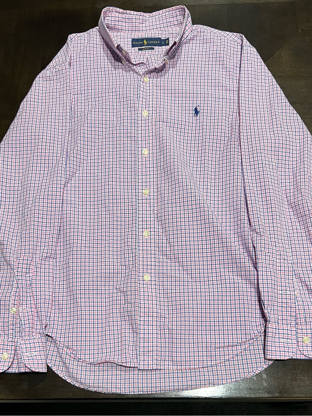 Ralph Lauren Slim Fit Men's L Pink Blue White Check Long Sleeve Woven Shirt
